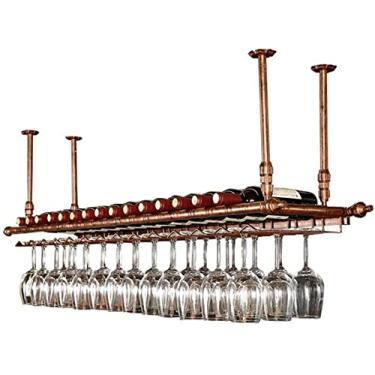 Imagem de Prateleiras de vinho de parede Prateleira de ferro de metal em bar LOFT Cube Teto montado na parede Taças de vinho champanhe taças de taças Suporte de garrafa de vinho (Cor: Bronze Tamanho: 120 × 30
