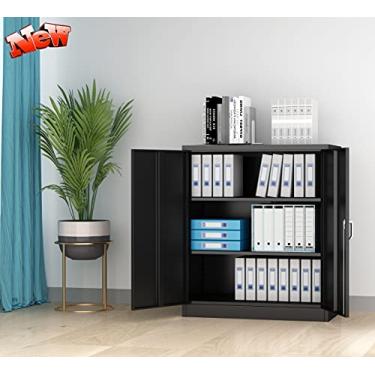 Imagem de 3FLQOOPP Gabinete de armazenamento de arquivos de metal para escritório doméstico versão atualizada com porta e fechadura, armário de balcão de aço preto moderno com 2 prateleiras ajustáveis e chaves