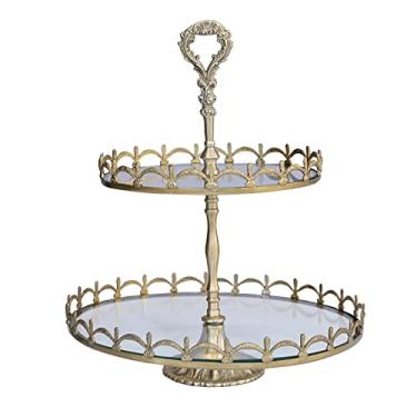 Imagem de Pratos de exibição de doces, prato de frutas de 2 camadas, pratos de frutas secas de latão de vidro, suporte de bolo de sobremesa, suporte de buffet de lanches, mesa de café, chá da tarde, utensílios
