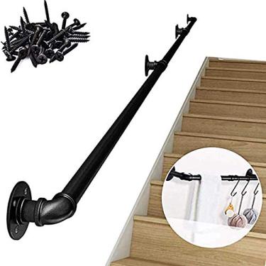 Imagem de Corrimão de escada - kit completo. Tubo de ferro de vento industrial para idosos, para corredor interno e externo, sótão, preto (tamanho: 5 m)
