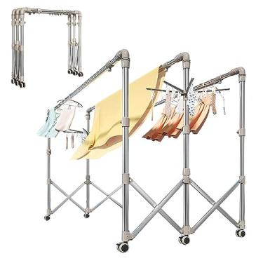 Imagem de EESCZVGBDX Rack de secagem de aço inoxidável dobrável, prateleiras de secagem de 2 polos/3 polos, suporte extensível para secador, clipes de meia, para roupas, lençóis, escorredor móvel com rodízios