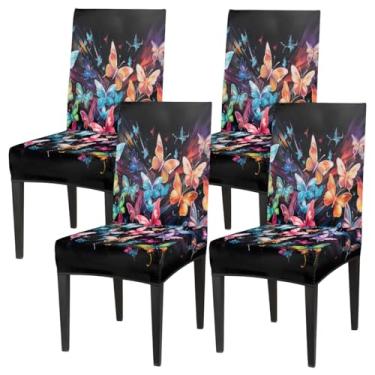 Imagem de Conjunto de 4 capas elásticas para cadeira de sala de jantar, capa protetora de assento de animal, borboleta, colorida, lavável, para cozinha, casa, hotel, banquete, festa de casamento, cerimônia