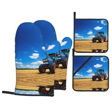 Imagem de Fantasy Farm Tractor - Conjunto de luvas de cozinha estampadas com suportes de tampa, luvas de forno resistentes ao calor para lidar com panelas quentes, grelhar, churrascos, kit de 4 peças.