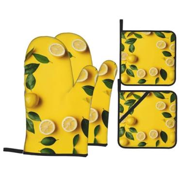 Imagem de Conjunto de luvas de cozinha impressas em limão amarelo com suportes de tampa, luvas de forno resistentes ao calor para manusear panelas quentes, grelhar, churrascos, kit de 4 peças.