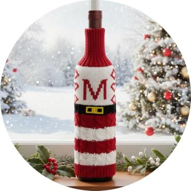 Imagem de Suéter de Natal para garrafa de vinho com letra A – Z, garrafas de manga de malha, decoração de mesa, reutilizável, roupa de garrafa estilo Papai Noel