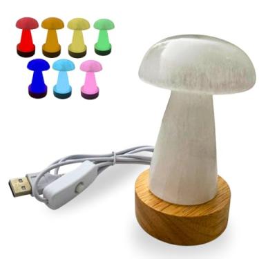 Imagem de Cogumelo marroquino polido suave selenita de 8,89 cm e base de madeira LED multicolorida multicolorida com USB arco-íris. Carregue cristais, pedras preciosas, joias. Limpe energia indesejada