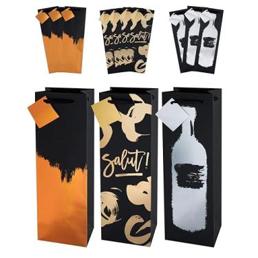 Imagem de Cakewalk Sacos de presente de vinho com pinceladas metálicas sortidas para garrafas individuais, sacos de papel com alças de fita dupla e etiqueta de presente para champanhe, licor, aniversário