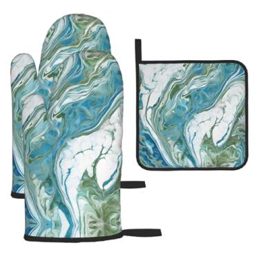 Imagem de Conjunto de cozinha essencial de 3 peças com estampa de mármore azul-petróleo e dourado, luvas seguras para calor, proteção para churrasco no forno, design de armazenamento suspenso.