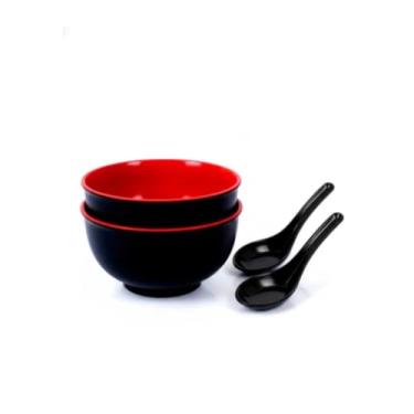 Imagem de Kit 12 Tigelas de Melamina com Colher - Bowl Oriental 1L para Restaurante Japonês (Não Inclui Organizador de Talheres)(2 Tigelas + 2 Colher)