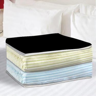 Imagem de Organizador de Guarda Roupa com Zíper, Tamanho M, Listras Azul e Amarelo, Tampa Preta, Armazenamento de Roupas e Edredons