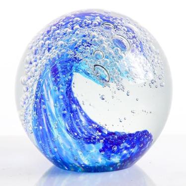 Imagem de Bola de cristal soprada à mão com ondas do oceano decoração de vidro - Estatuetas costeiras colecionáveis esfera peso de papel bola de vidro decoração de aquário decoração de praia escritório