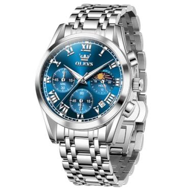 Imagem de OLEVS Relógios masculinos de luxo, analógicos, à prova d'água, aço inoxidável, casual, mostrador grande, cronógrafo, moda clássica, numerais romanos, quartzo, data, relógios de pulso masculinos Reloj