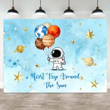 Imagem de ASDCXZ 2,4 x 1,8 m, primeira viagem ao redor do sol, pano de fundo azul, astronauta, planeta, espaço, galáxia, decoração de festa de primeiro aniversário, para meninos, chá de bebê, faixa de fundo