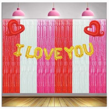 Imagem de Banner de festa de Dia dos Namorados, balões, caixa de presente, decoração de fundo para fotografia de festa, vermelho, rosa, branco, pano de fundo I Love You, adereços para fotos de casamento