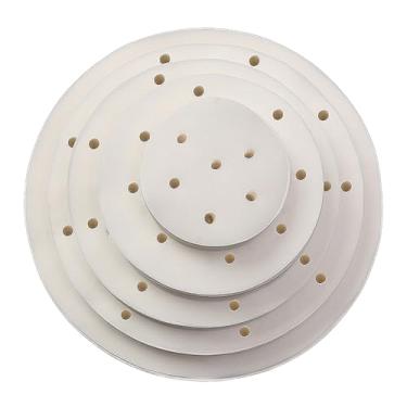 Imagem de 100 peças de folhas brancas redondas descartáveis de papel pergaminho para fritadeira a ar pré-cortada e perfurada, forros de cesta antiaderentes para bolinhos, pãezinhos, fritadeiras para assar, dim