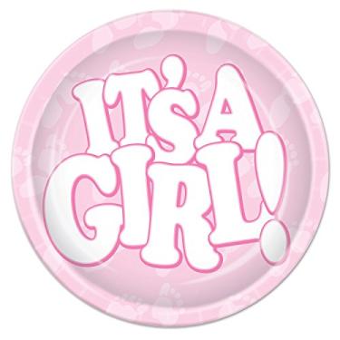 Imagem de Beistle Pacote de chá de bebê "It's A Girl!" – Pratos, copos e guardanapos, design de pegada de bebê rosa e branco, coleção de talheres de festa para anúncios, chás e celebrações de revelação de