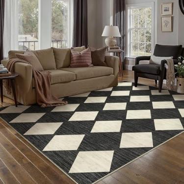 Imagem de PureCozy Tapetes quadriculados para sala de estar, preto, lavável à máquina, tapete grande, antiderrapante, resistente a manchas, baixa pilha boho, decoração interna, para escritório, quarto, sala de