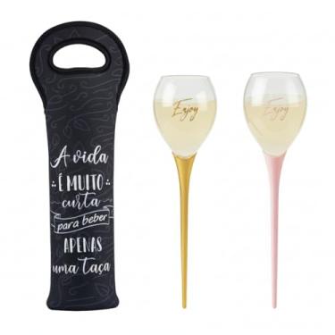 Imagem de Kit 2 Taças Praia Wine on The Beach + Bolsa para Vinho Neoprene – Estaca para Areia – 520ml – Transporte Seguro – Ideal Praia, Pôr do Sol e Passeios (Rosa e Dourado, Bolsa para Vinho Just One Glass)