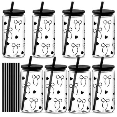 Imagem de Yetene 8 peças de copos de plástico com laço rosa coquete com tampas e canudos 473 ml frascos de acrílico estético reutilizável caneca de café gelado copo de vidro de cerveja para festa de aniversário