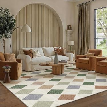 Imagem de PureCozy Tapetes quadriculados de 20 x 25 cm para sala de estar, colorido, lavável à máquina, tapete grande, antiderrapante, resistente a manchas, tapete boho para ambientes internos para quarto, sala