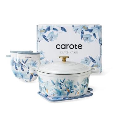 Imagem de CAROTE Panela de forno holandês de ferro fundido com tampa, forno holandês esmaltado para assar pão, alças duplas, panela de ferro fundido resistente, 5QT, branco e azul