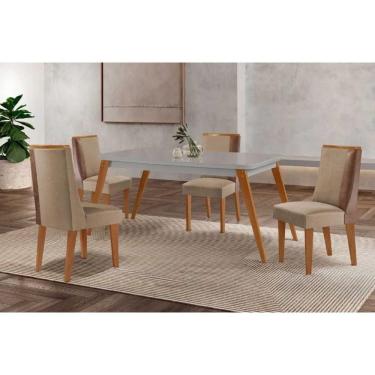 Imagem de Sala Jantar Mesa Havana Tampo c/ Vidro Curvo 120cm+4 Cadeiras Tilia Madeira Naturale/Off White - Capuccino/Linho Bege - Rufato