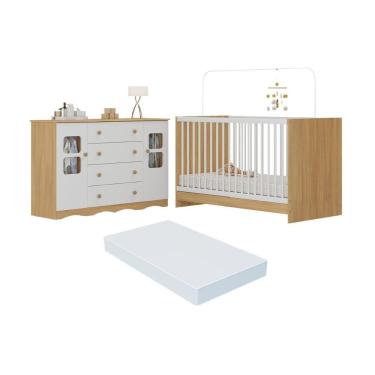 Imagem de Berço 3 Em 1 Com Colchão Incluso E Cômoda 2 Portas 4 Gavetas Serena Multimóveis MP4757 Madeirado-branco