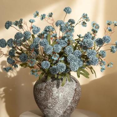 Imagem de HyeFlora Flores Kiku falsas, pompom de seda sintética, flores artificiais, 40 cabeças, hastes de crisântemo, arranjos florais, flores secas, vintage, decorativo, interior, vaso de decoração azul com