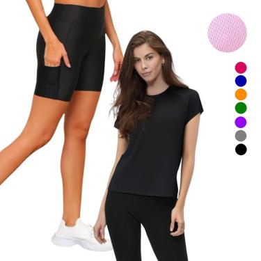 Imagem de Kit Conjunto Camiseta Blusinha DRY + Short Leg Legging COM BOLSOS Corrida Academia Fitness 636-Feminino