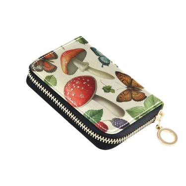 Imagem de GAIGEO Carteira feminina de couro com bloqueio de RFID, porta-cartões, linda bolsa de moedas com zíper, porta-chaves, vintage, cogumelos, folhas, borboleta