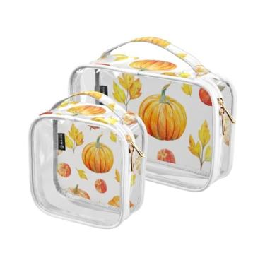 Imagem de GAIGEO Bolsa de plástico para maquiagem estilo rabiscos artísticos, bolsas de viagem transparentes para viagens aéreas, bolsa de higiene para mulheres, pacote com 2, Folhas de abóboras de outono cores