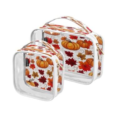 Imagem de GAIGEO Conjunto de bolsa de maquiagem transparente com folhas de outono, bolsa de maquiagem de plástico transparente, bolsa de higiene feminina, pacote com 2, Folhas com abóboras-1, one size