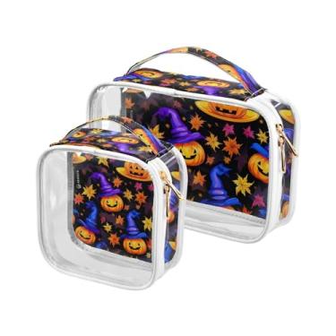 Imagem de GAIGEO Símbolos de Halloween em conjunto de sacolas de higiene pessoal transparente laranja, bolsa de maquiagem de higiene pessoal, bolsas de acessórios de viagem, pacote com 2, Folhas de outono - 1