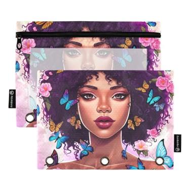Imagem de Pasta colorida para lápis com 3 anéis para mulher afro-americana com zíper, fichário, caneta, escritório, escola, bolsos transparentes, 25 x 18 cm, 2 pacotes