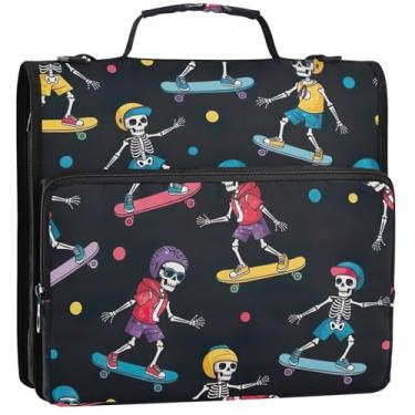 Imagem de Fichários divertidos esqueletos pretos com 3 anéis de 3,5 polegadas D fichário organizador de zíper com alça pasta de armazenamento de bolsa de ensino médio com alça, 34,5 x 31,5 x 9 cm
