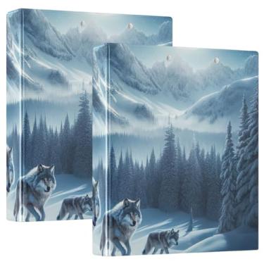 Imagem de Fichário Mountain Wolf Winter Night Prancheta de transferência de três anéis com pasta de arquivo de prancheta de perfil para escola e escritório, pacote com 2