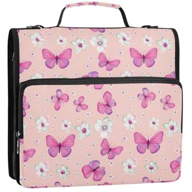 Imagem de Organizador de fichário com zíper, 3 argolas de 3,5 cm, borboletas, flores, pastel, vários bolsos, pasta de carteira grande, bolsa escolar com alça de ombro, 34,5 x 31,5 x 9 cm