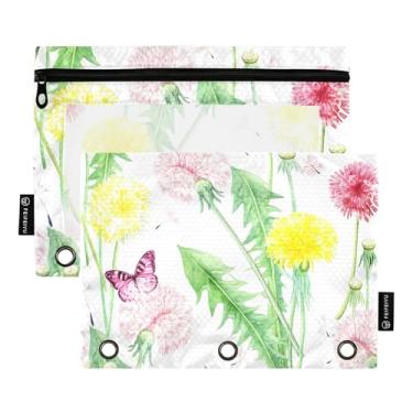 Imagem de GAIGEO Pasta de lápis com 3 anéis, colorido, dente-de-leão, floral, borboleta, zíper, fichário, arco-íris, bolsos transparentes com zíper, 25 x 18 cm, 2 pacotes