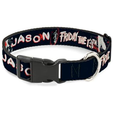 Imagem de Warner Bros. Coleira para animais de estimação, coleira de cachorro, fivela de plástico, máscara Jason Sexta-feira 13 e respingos preto vermelho branco, 28 a 40 cm de largura