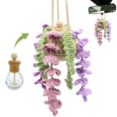Imagem de Aromatizador de carro de crochê, frasco difusor de óleo recarregável vazio de 15 ml com planta pendurada violeta de crochê para decoração de espelho retrovisor de carro, decoração artesanal de casa e