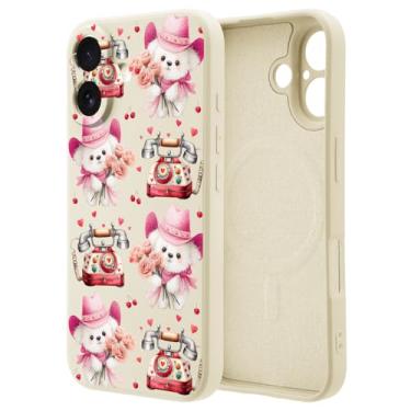 Imagem de OFQKOAKS Capa para iPhone 16 Pro compatível com MagSafe, capa de telefone feminina romântica vintage cowboy urso, capa protetora de silicone líquido branco macio para mulheres e meninas