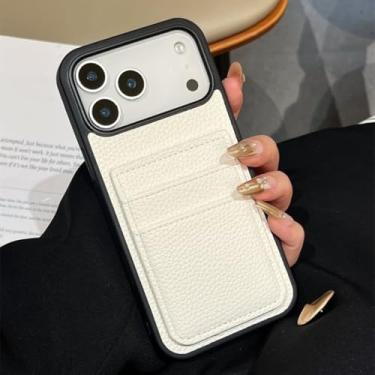 Imagem de HTVJFXCapa protetora tipo carteira em couro PU com estampa de lichia e suporte duplo para cartões para iPhone 16 Pro Max (Para iPhone 16 Pro Max/Branco Antigo)