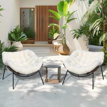 Imagem de Cadeira Papasan de vime ao ar livre, cadeira de pátio de vime com almofada grossa, espreguiçadeiras grandes para varanda, varanda, jardim, quintal (3 peças, branca)