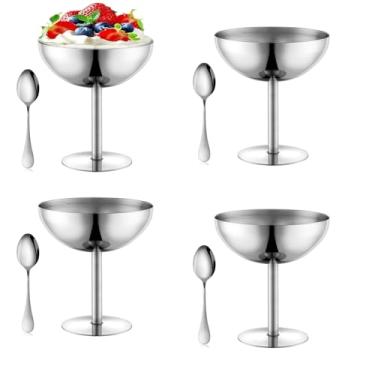 Imagem de UNISWEET Tigelas de sorvete, copos de sobremesa de aço inoxidável com colheres, copos reutilizáveis de sudae com pés, copos de sorvete para sobremesa, iogurte congelado, gelato, decorações de festa de