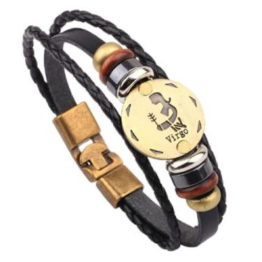 Imagem de Pulseira masculina e feminina de couro do zodíaco vintage punk com fecho multitrançado, presente fácil de colocar para ele e ela, One Size, Cristal, Ametista criada