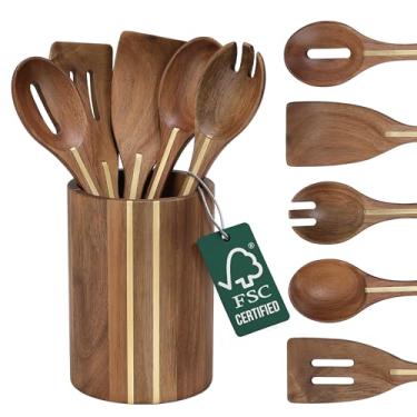 Imagem de Conjunto de 5 utensílios de acácia com suporte – Utensílios de cozinha de madeira premium, conjunto de espátula e colher de madeira de acácia ecologicamente corretos, utensílios de cozinha