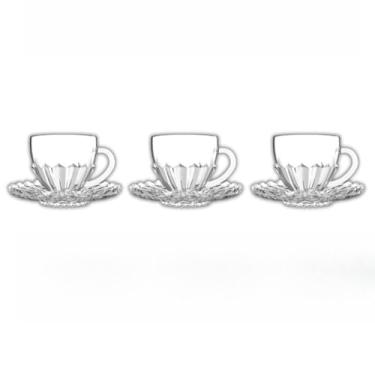 Imagem de Jogo de Xícaras com Pires 6/12 Peças – Vidro Transparente 110ml Decorada Luxo, Ideal para Café e Chá Brasileiro, Uso Doméstico e Reuniões (6 Peças (3 xícaras e 3 pires))