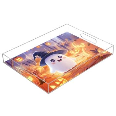 Imagem de xigua Bandeja de servir de acrílico fantasma de Halloween com alças à prova de derramamento, bandejas decorativas de festa de Halloween, bandeja organizadora de bancada para banheiro, cozinha, 30,5 x
