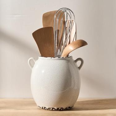 Imagem de JIEMEI HOME Suporte de utensílios de cozinha com alça, pote de cerâmica de 17 cm para bancada, organizador de ferramentas de cozinha com fundo de cortiça, suporte de espátula para decoração de cozinha