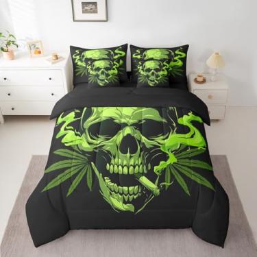 Imagem de Erosebridal Conjunto de edredom completo de caveira gótica com 7 peças, cama de maconha em um saco, folhas de cannabis, esqueleto, para meninos, adolescentes, adultos, homens, hippie, gótico, conjunto